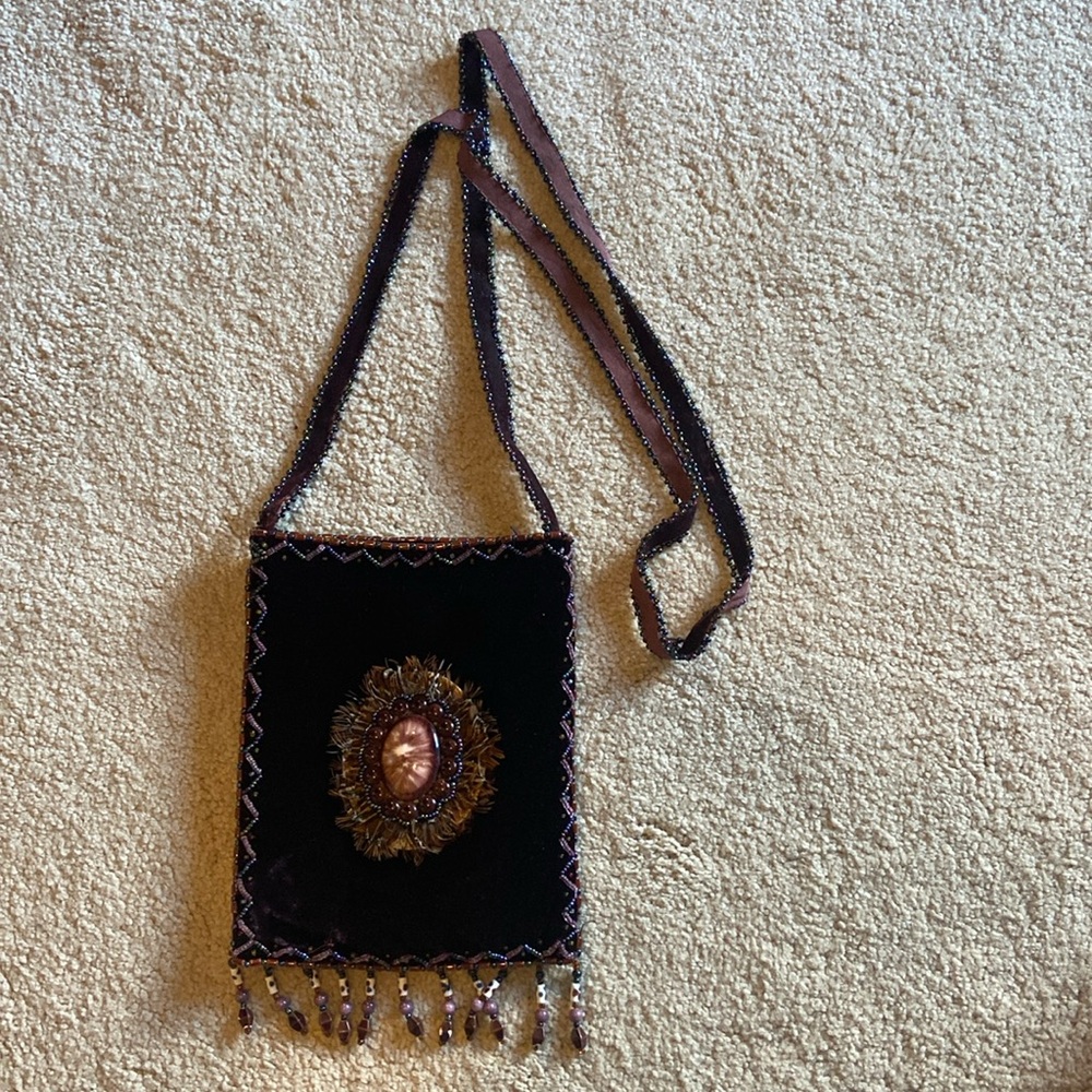 Brown/Purple Velvet Beaded Crossbody Purse